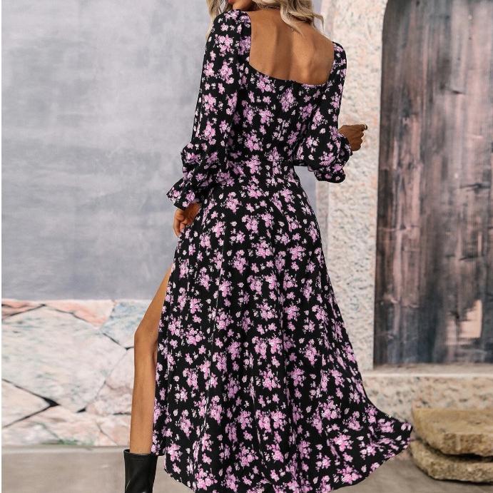 QICED Autumn Winter Printed Long Sleeve Backless Bohemian Dress Woman