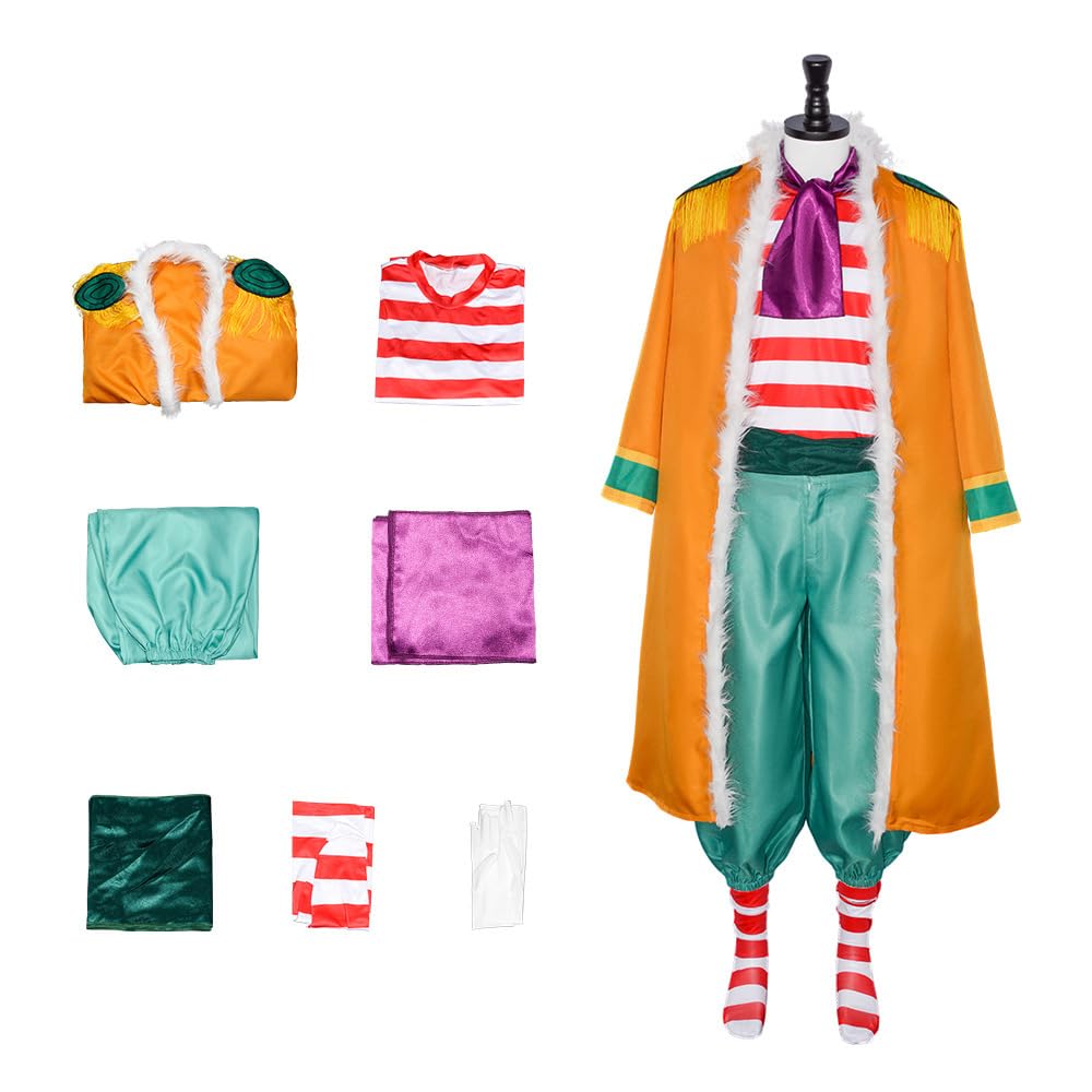 Buggy the Clown Cosplay Set with Hat and Stage Outfit for School and Cultural Festivals Costume, One-Piece Wig, Christmas, Halloween, Events, Year-End