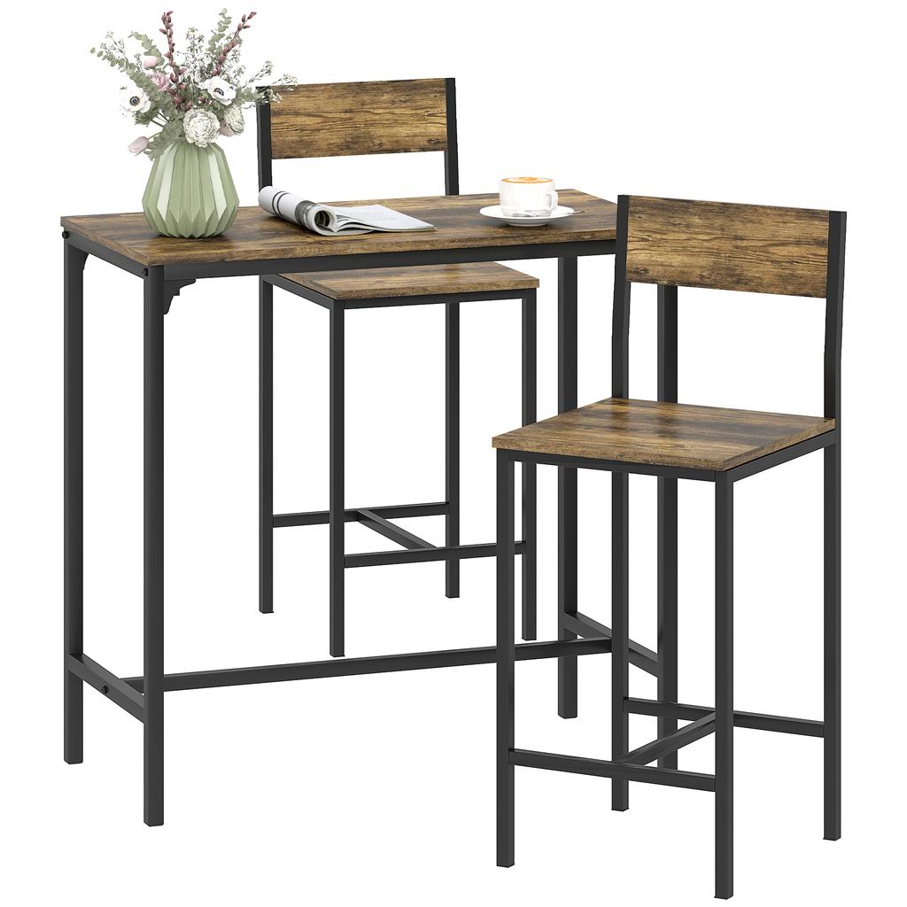 3-Piece Bar Table Set with 2 Stools, Industrial Breakfast Bar Set with Footrest, Backrest for Dining Room, Small Space