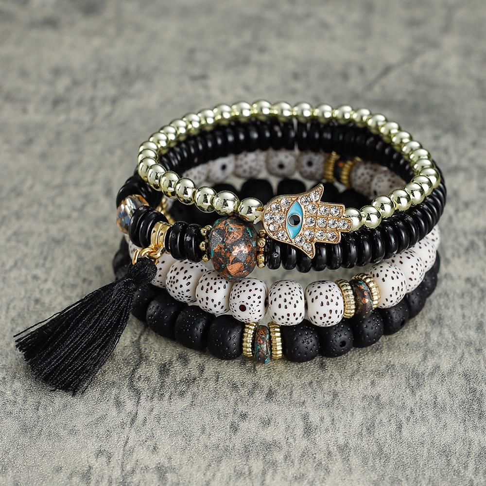 Bracelet bohème multicouches en perles avec pompon et motif palmier contre le mauvais œil pour homme et femme