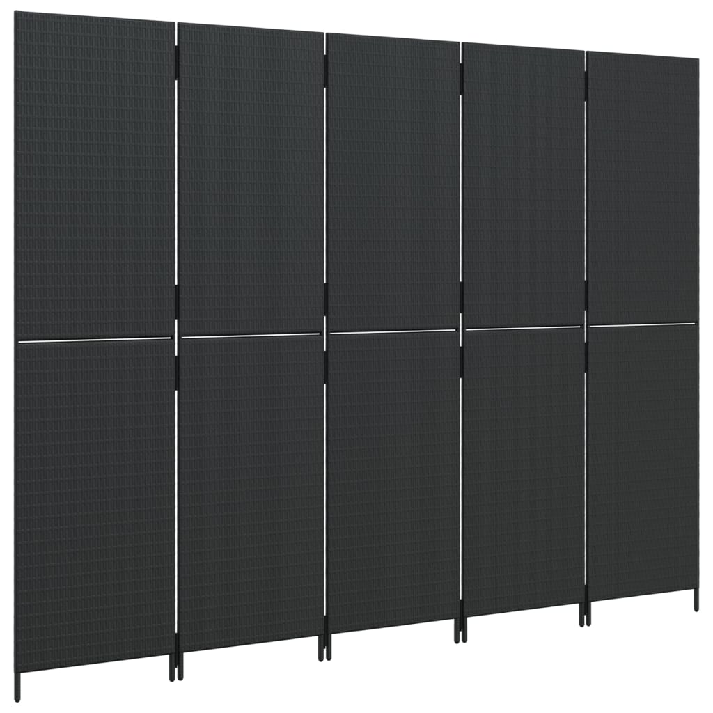 5 Piece Black Poly Rattan Folding Screen