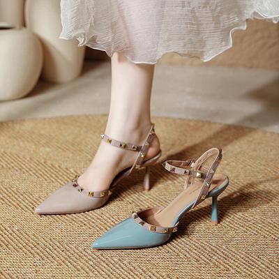 Rivets One-word with High Heels, Thin Heels, Summer Bag Head Sandals, Large Size Pointed Rear Empty Single Shoes