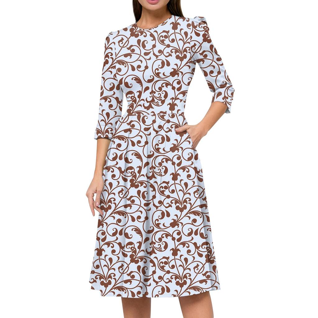 Lässiges und modisches Kleid für Damen mit Blumenmuster, 3/4-Ärmeln, Tasche und Reißverschluss auf der Rückseite