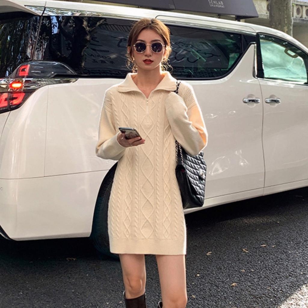 Medium and long twist sweater skirt women's autumn and winter with coat loose lazy wind thickened zipper soft waxy knitted even