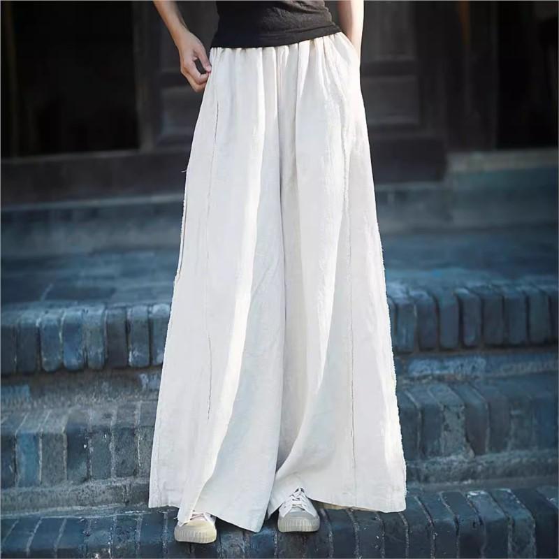 Johnature Women Vintage Solid Color Wide Leg Pants Elastic Waist Patchwork Trousers Spring Chinese Style Long Pants