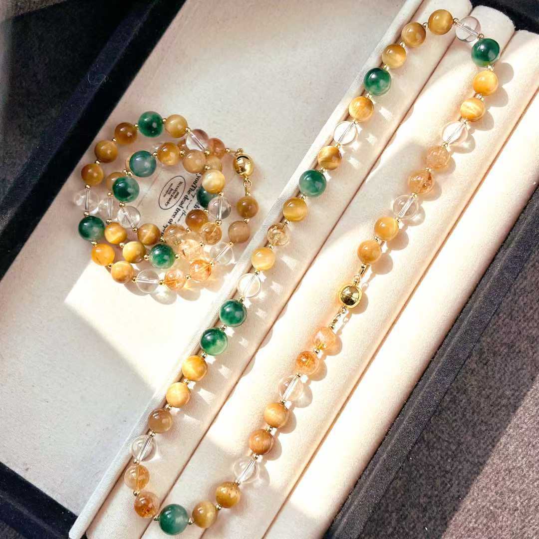 

Vintage Maillard Wind Natural Tiger S Eye White Citrine Quartzite Green Aquatic Agate Necklace Clavicle
