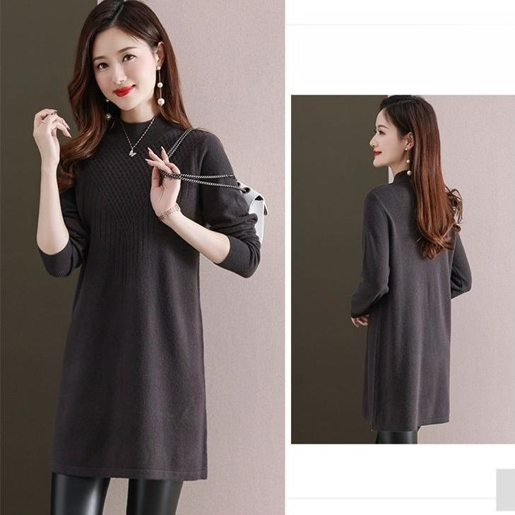 Turtleneck Knitted Dress for Women Loose Mid-length Sweater Dress Solid-color Casual Pullover Autumn and Winter