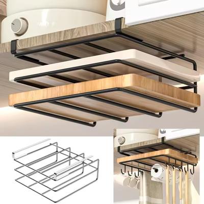 Support suspendu sous l'armoire de cuisine, support de rangement en fer pour planche à découper avec crochets, support pour cache-casseroles