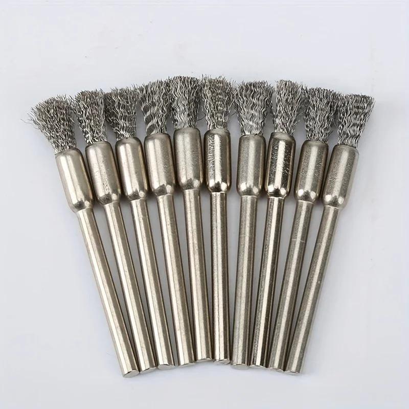 10 Stainless Steel Wire Brushes with A 3mm Handle - Ideal for Rotating Tools, Ideal for Cleaning, Rust Removal and Sanding