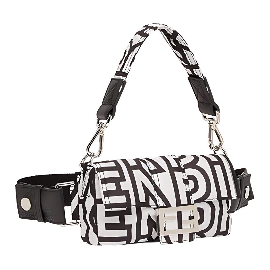 FENDI Baguette FF Two-Tone Calfskin Tote Bag Phone Case Waist Bag Mini Men's Style Black/White