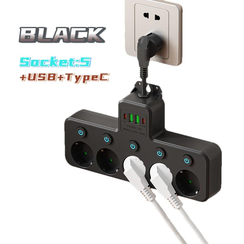 Europäische Steckdosenleiste mit 5 AC-Steckdosen & Einzelnen Schaltern – Optionale USB/Typ-C-Anschlüsse