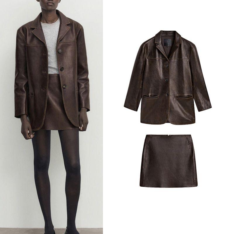 Fall and Winter New Arrival Women's Clothing Old Money Style Leather Suit Outwear 0471273 Mini Skirt 0530874