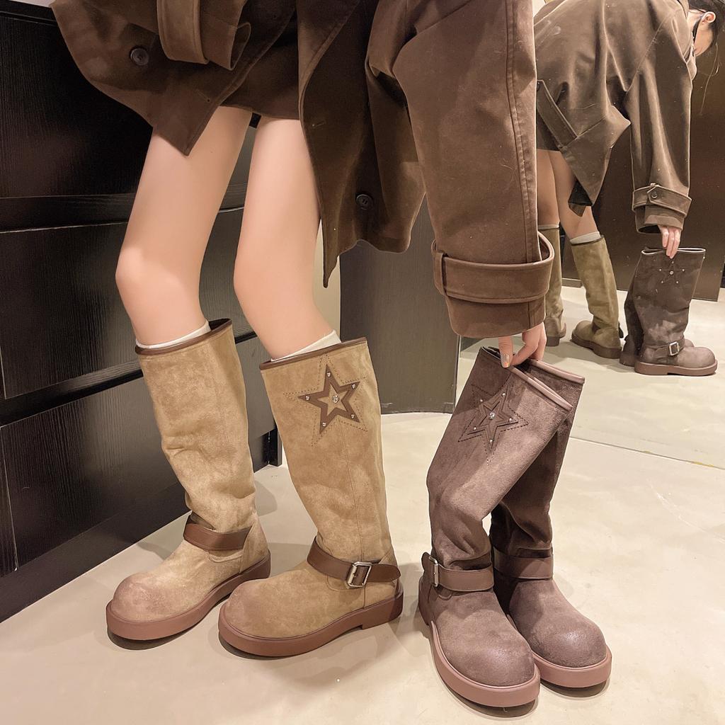 [Fanfuna] 2025 Autumn and Winter New Thick-bottomed Matte Retro Wasteland Wind Belt Buckle Medium Boots Knight Boots