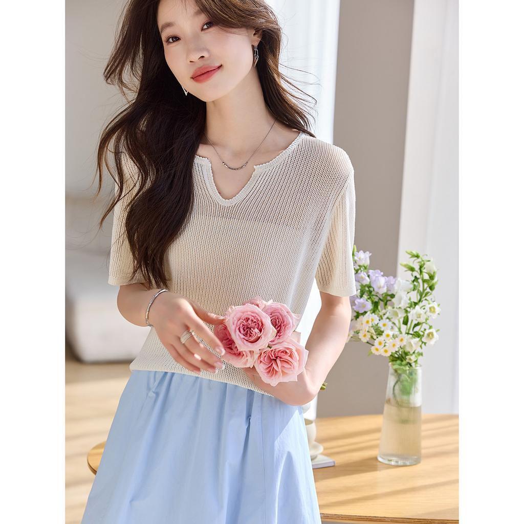 Thin high-end V-neck linen short sleeved knitted shirt, summer new casual T-shirt, pullover top, versatile women's clothing