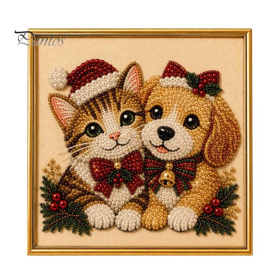Winterwunderland Kreativaktivitäten Weihnachten Kunst-Kit mit künstlichen Perlen, Xmas Hut Katze Hund Malerei DIY Themenprojekte 3D Welpen Perlen Bastel-Kit für Erwachsene,