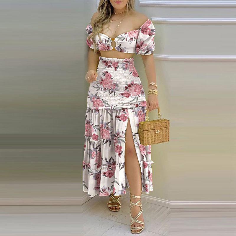 Autumn 2026 European-American Color Block Print Vest & High Waist Split Long Skirt Set 661
