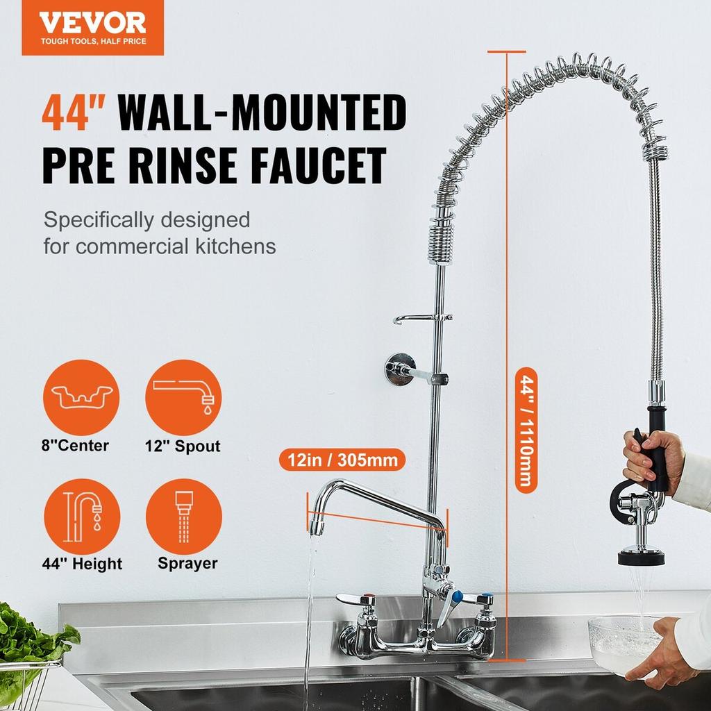 Commercial Faucet with Pre-Rinse Sprayer, 44" Height, 8" Center, 12" Swing Spout, Wall Mount Kitchen Sink Faucet, Brass Constructed Device with Pull
