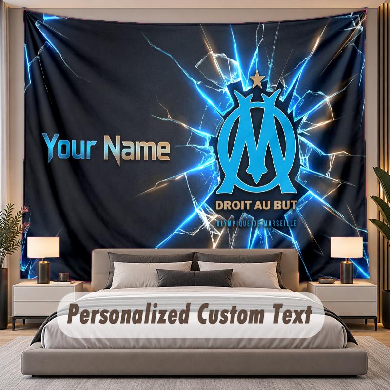 Custom Name Text Tapestry Olympique Marseille FC Personalized Polyester Wall Tapestry For Bedroom And Room