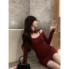 American Retro Red Foreign Style Long-sleeved Dress Women's Spring New Slim-fitting and Thin Inner Niche Hip-wrapped Short Skirt