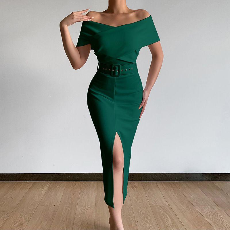 

Off-the-Shoulder Elegance Simple European and American Style Dress with Vents Belt Dark green 3XL