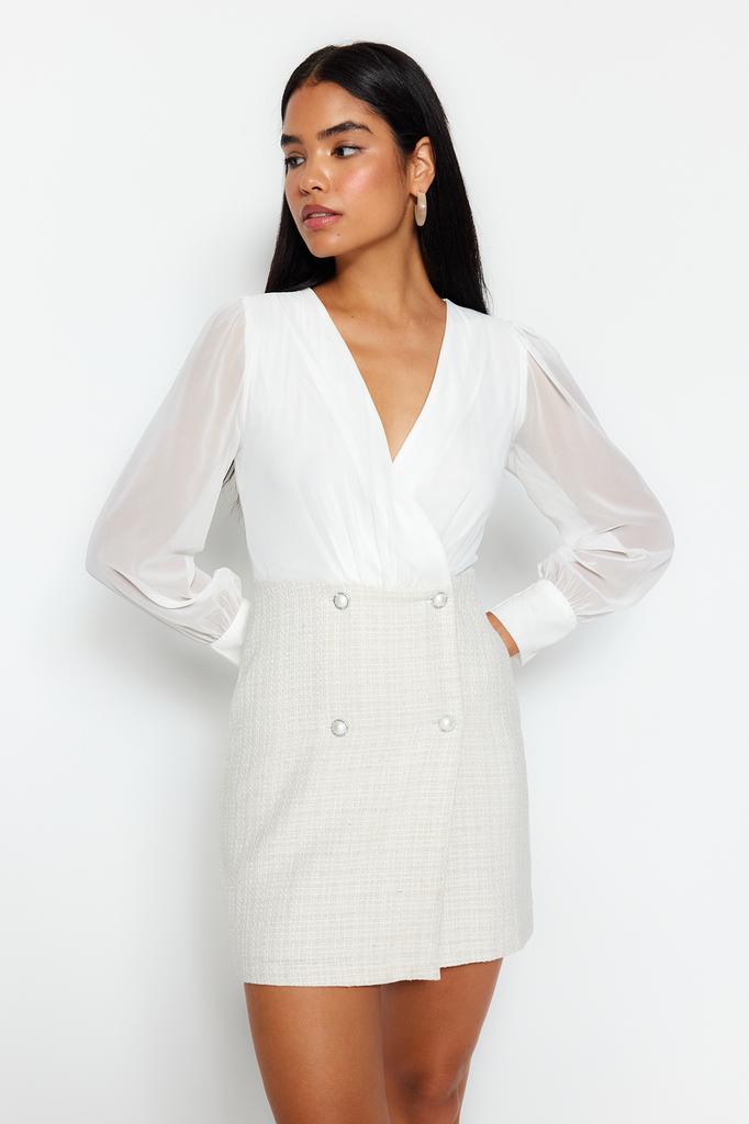 Women's Fashion Casual Standard Sleeve Mini Navy Blue Collar Detailed Lined Chiffon Woven Dress