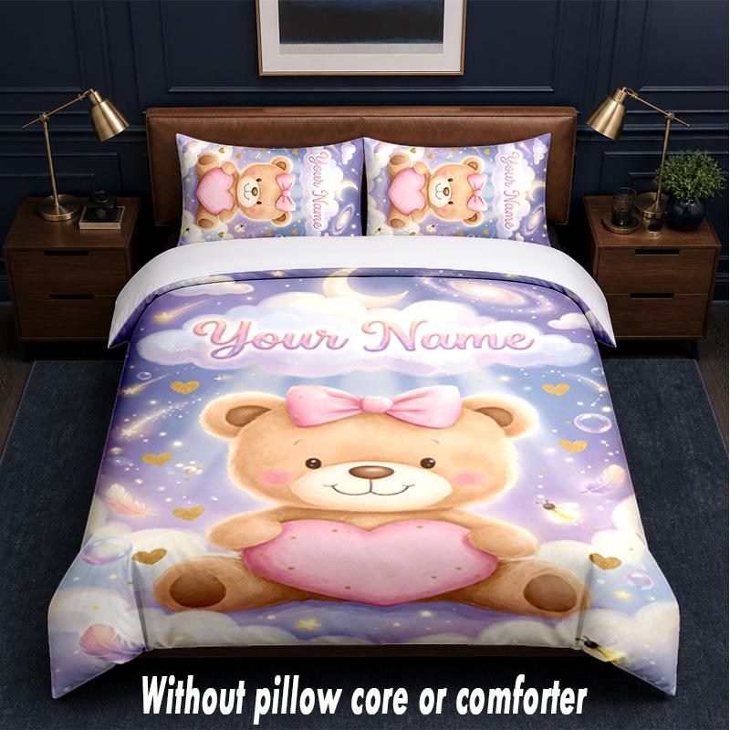 Teddy Bear Theme Custom Text Or Name 3Pcs Bedding Set,1 Flat Sheet & 2 Pillowcases Personalized Home Bedding