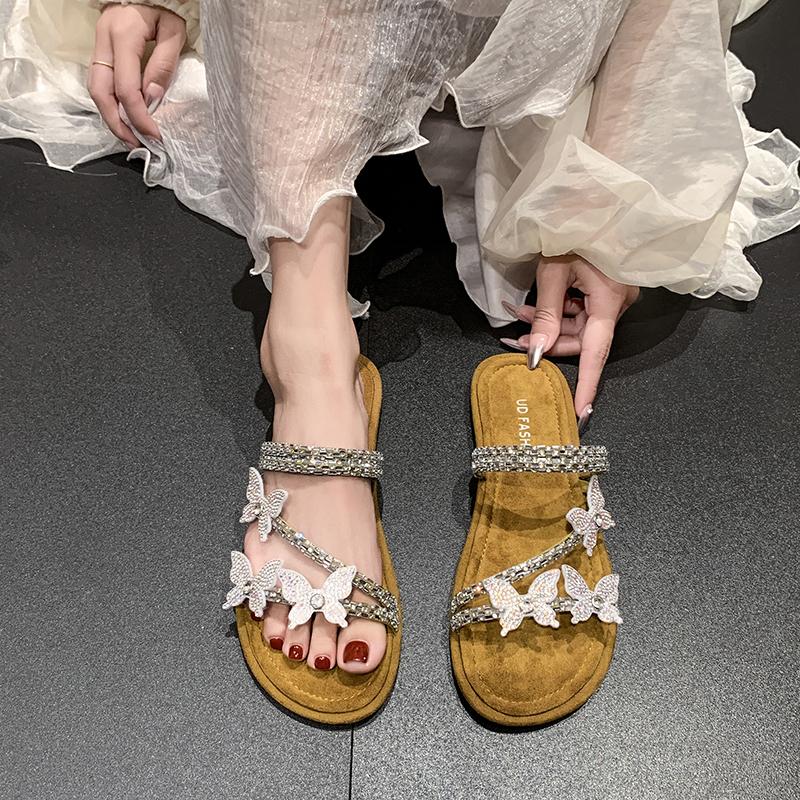 fashion NEW Women's Sandals Summer New Design Crystal Decoration Women's Brand Sandals Elegant Flat Dress Women's slippers