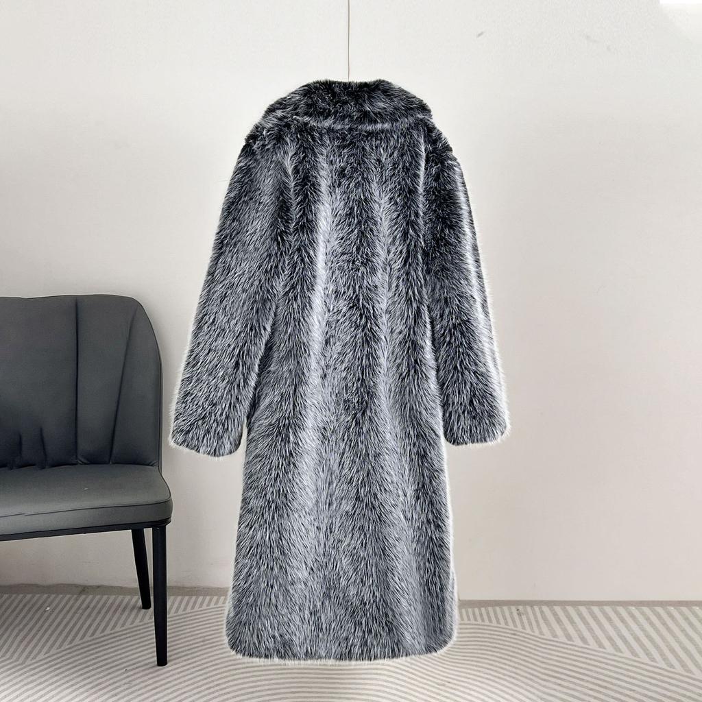 Langer flauschiger Kunstpelzmantel für Frauen Winterkleidung Verdicken Sie warme Reverskragen Plüschjacke Oberbekleidung Mantel weiblich