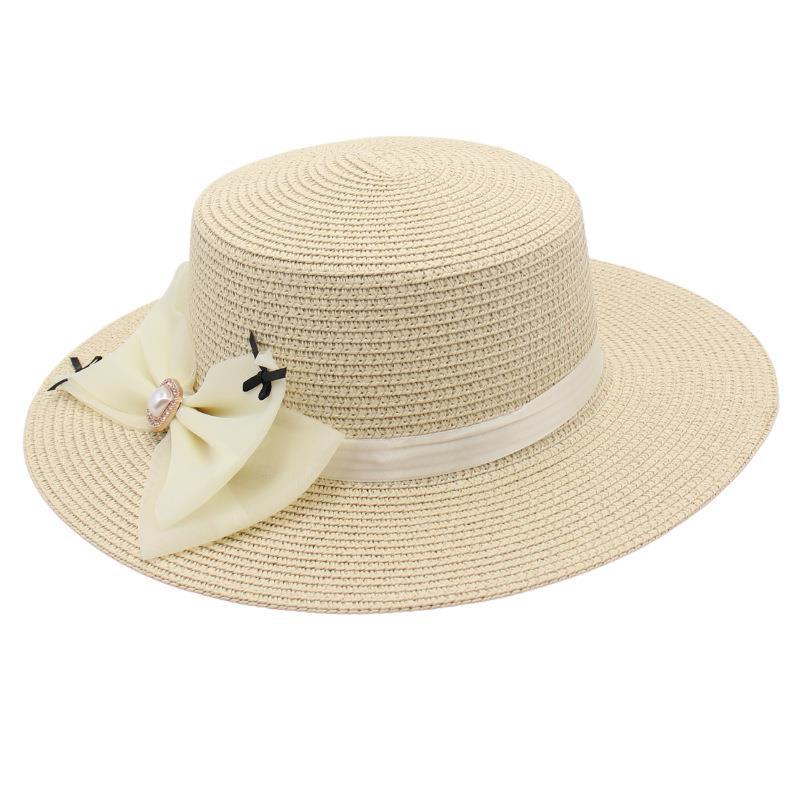 Flat Top Straw Hat Sun Hat Bow Big Eaves Straw Woven Bucket Hat Basin Hat Pearl Bucket Hat Mother Hat