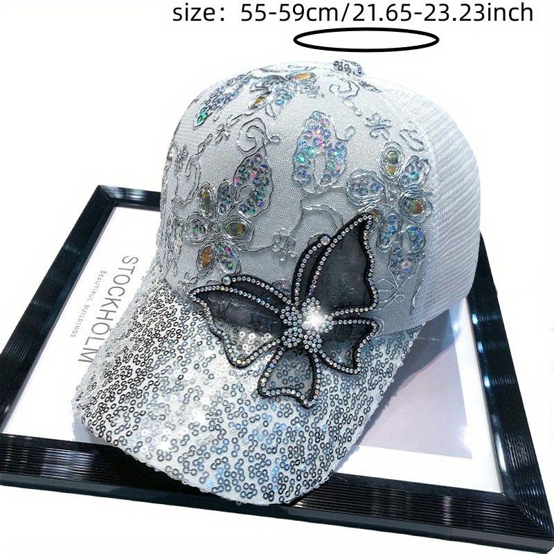 Sequin Baseball Cap for Women and Men, Summer Mesh Back, Rhinestone Butterfly, Fashion Sun Hat, Universal for Men and Women, Short Brim