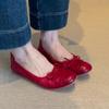 Sheepskin Retro Red Bow Ballet Flats - Women's Low-Cut Slip-On Square Toe Shoes