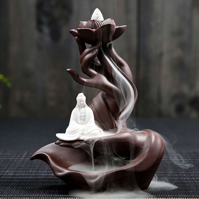 Chinese Feng Shui Ceramic Inverted Flow Incense Burner, Zen Buddha's Hand Creative Household Agarwood Incense Burner, Incense St