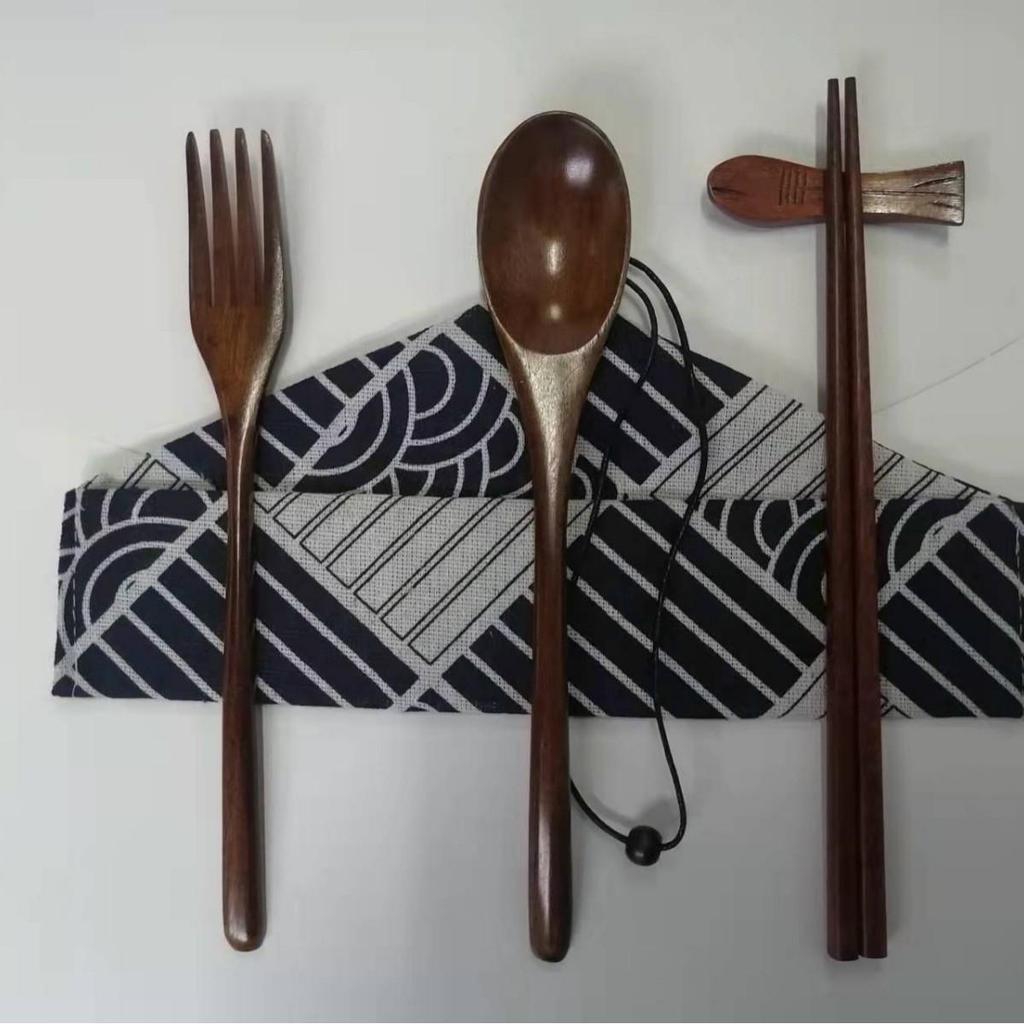 Japanese Style Portable Cutlery Set: Wooden Chopsticks, Fork, Spoon with Binding Wire and Cloth Bag for Outdoor Travel