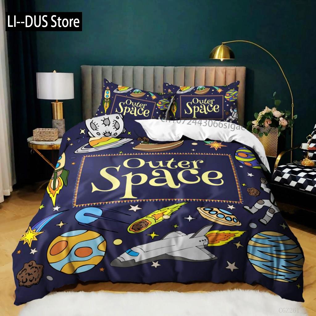Bettbezug mit Raumschiffen für Jungen und Kinder, Astronomie-Bettwäscheset aus Mikrofaser, Weltraum-Abenteuer, farbenfroher Raumschiff-Bettbezug für Kingsize-Bett