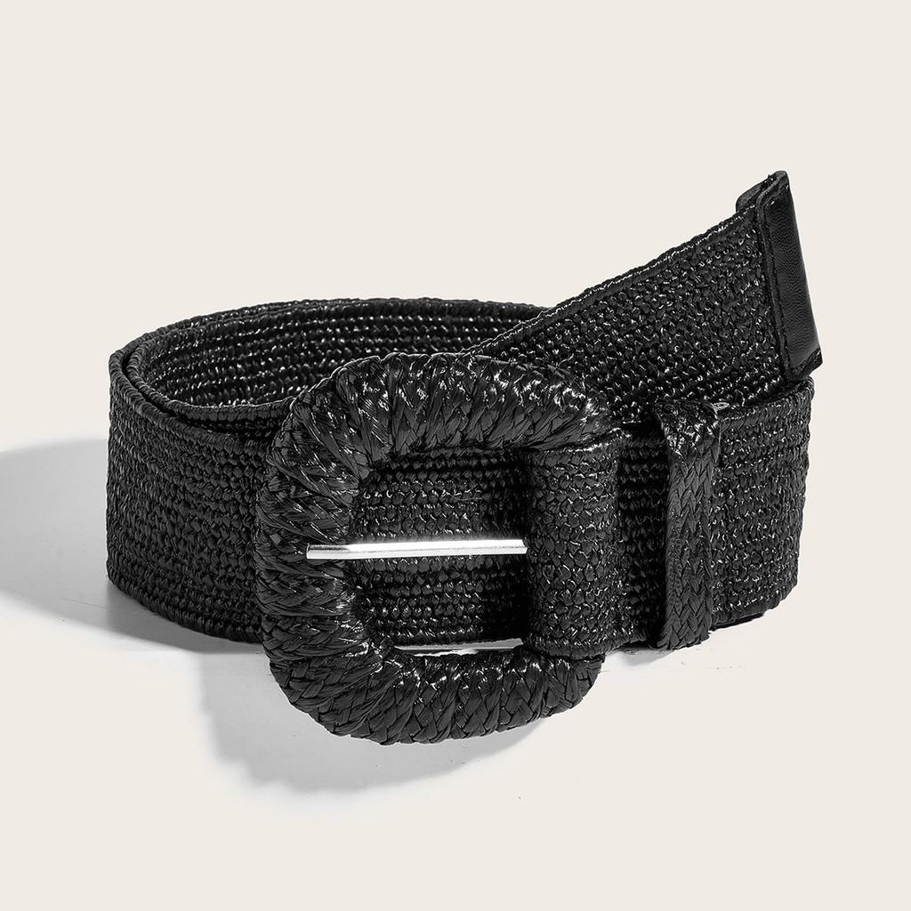 

Style Weaving Pp Straw Braid Belt Round Buckle Wide Design Summer Dress Outfit чёрный