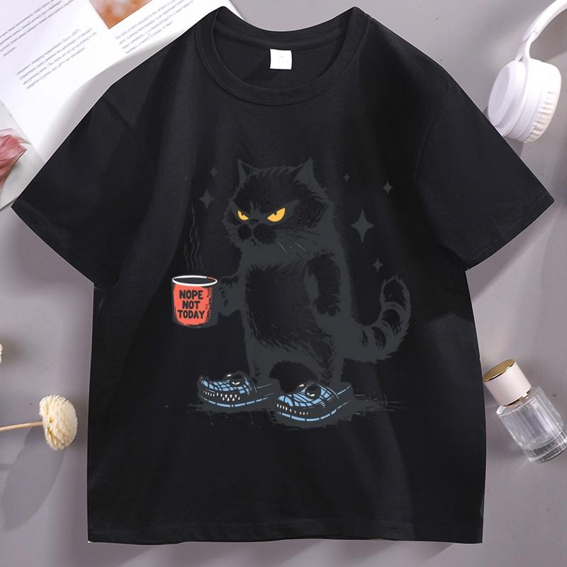 No Not Today A Shortsleeved Crew Neck Tshirt for Women Featuring An Angry Cat and Coffee Design Exclusively for Cat Lovers S
