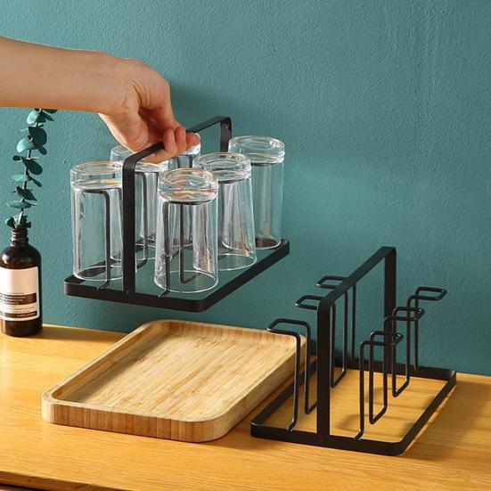 Metal Cup Holder Drying Rack with 6 Glasses Upside-Down Coffee Mug Holder Organizer Space Saving Kitchen Gadget