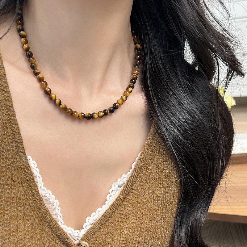 Maillard Tiger Eye Stone Beaded Coin Pendant Necklace, High-End Light Luxury Women's New Style