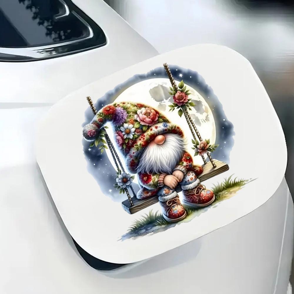 QT2388#15cm Gnome On Swing Under Moon Waterproof Car Decorative Decal, Suitable for Cars, Laptops, Bumpers, Glass Window Sticker