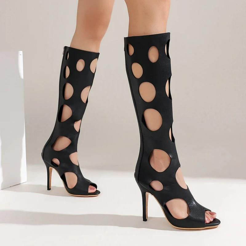 Nadměrná velikost Ultra-vysoký tenký podpatek Vykrojený kruhový otvor Zadní zip Pro prodyšné chladivé Kozačky ke kolenům Římský styl Letní sexy kozačky