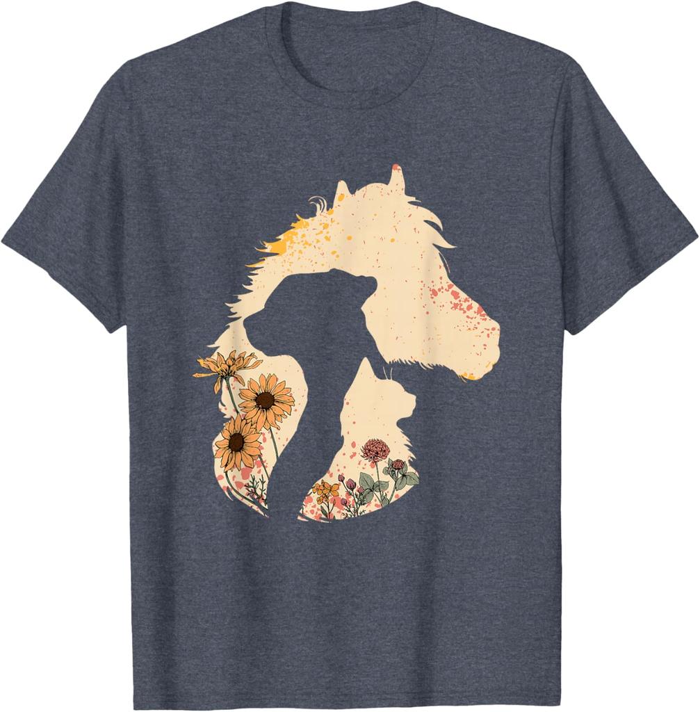 Pferd Hund Katze Silhouette Floral Boho Vintage Grafik T-Shirt Weiches Lässiges Baumwoll-T-Shirt Damen