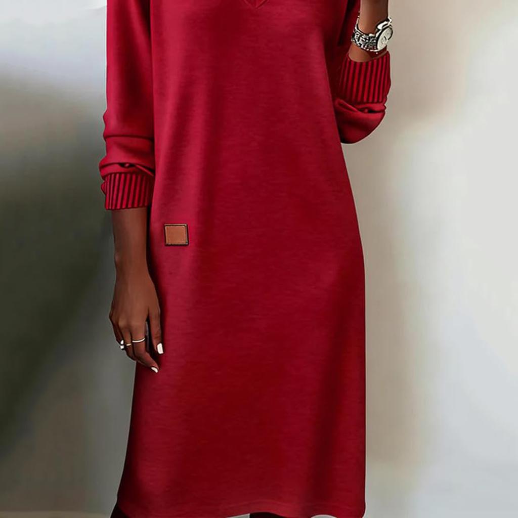 Damenmode Lässig Frühling und Herbst Langarm Schlankmachend V-Ausschnitt Mittellanges Strickkleid
