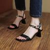 Xiaoxiangfeng ribbon thick heel sandals women's French open-toe one-word strap high heels new women's sandals in summer 2025