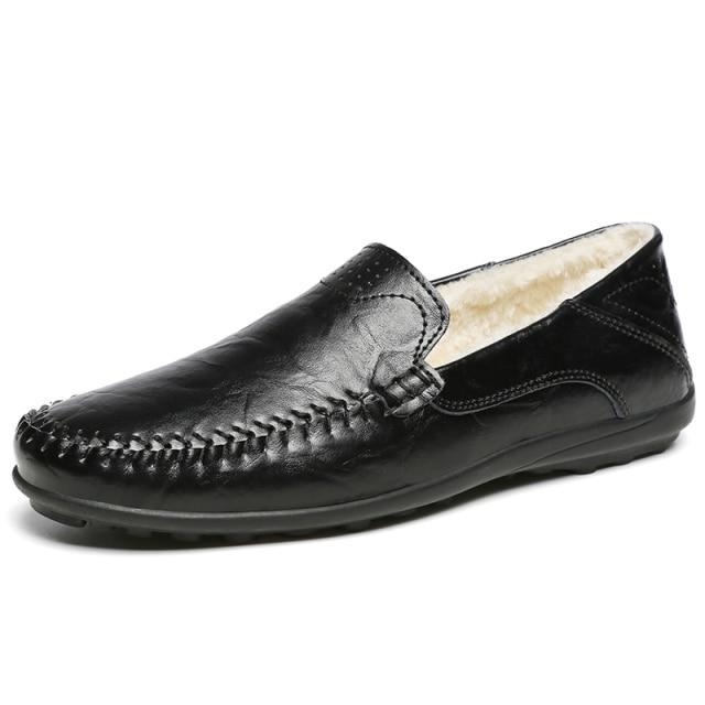 Premium Black Leather Men's Slip-On Loafers with Warm Lining - Autumn Winter Comfort for European Men | Big Sizes 44-47