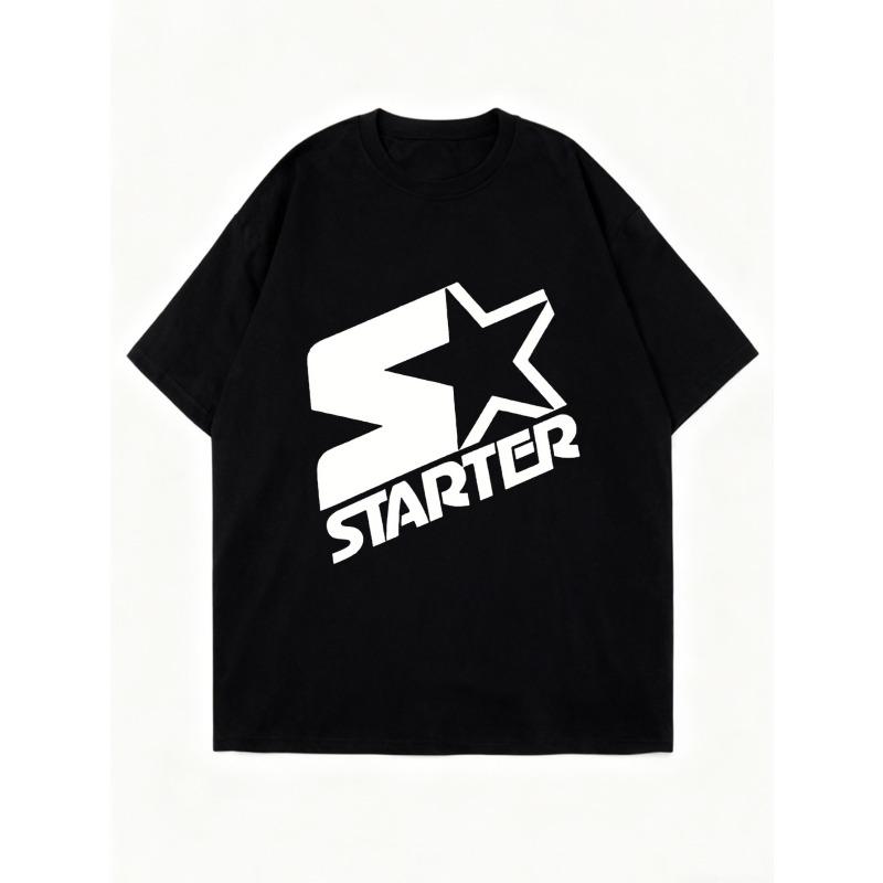 Oversized T-Shirt Black Starter Logo Star Print Casual Streetwear Fashion Top for Women