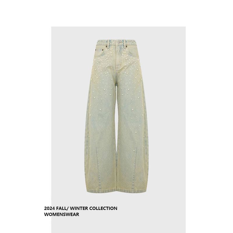 Forever 21 American Retro Blue Wide-Leg Loose Fit Curved Jeans with Pearl Embellishments, Distressed Denim, 2026 Summer New Model