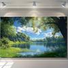 2D plane tranquil forest lake scenery background fabric green trees on the calm water surface polyester fiber