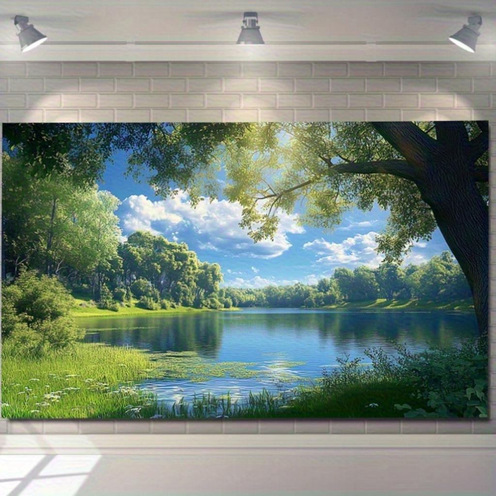 2D plane tranquil forest lake scenery background fabric green trees on the calm water surface polyester fiber