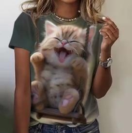 Fashion Women's T-Shirt Printed Kawaii Cat Pattern Short Sleeve Crew Neck Top Summer Outdoor Casual Street