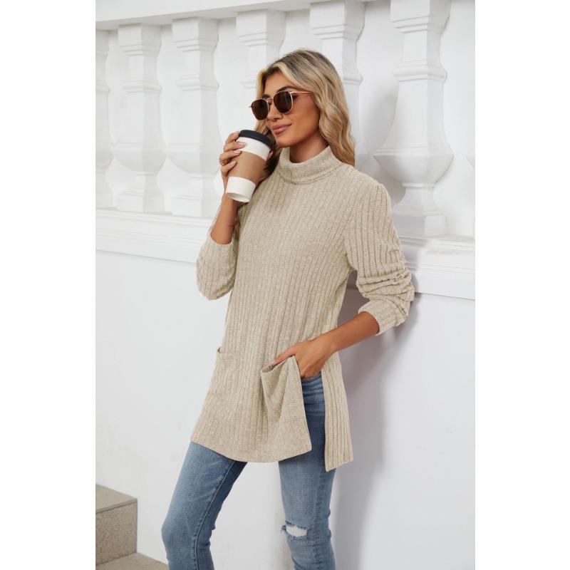 Herbst Damen Bluse Halb Stehkragen Langarm Lose Split Pocket Top